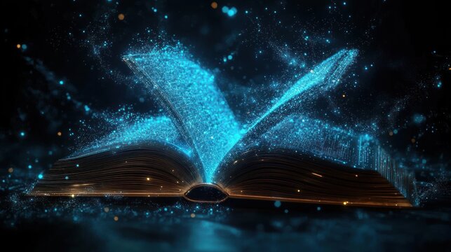 open book releasing glowing blue particle pages in a dark space, evoking wonder and magical discovery