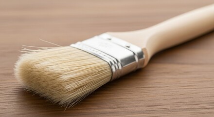 Close Up of Paintbrush with Natural Bristles and Wooden Handle on Wooden Surface