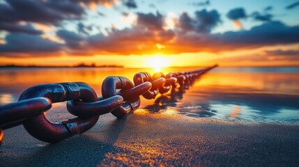 close-up metal chain on wet sandy beach leading into calm sea at golden sunset with dramatic clouds and reflective water, serene and dramatic mood