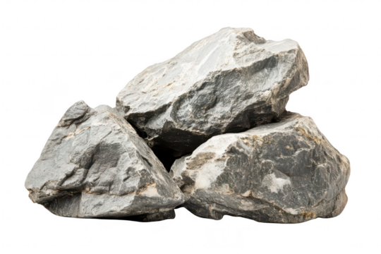 A close-up view of three rough. gray rocks stacked together. their textured surfaces and natural formations. set against a clean white background. suitable for geological studies or artistic projects