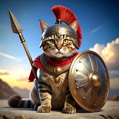 A tabby cat dressed as a Roman soldier with helmet, spear and shield, against a bright sunset sky backdrop