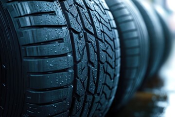 close-up of stacked wet car tires with detailed treads and water droplets, glossy texture and sense of strength and readiness