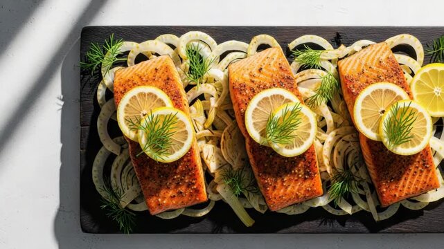 Roasted salmon fillets with fresh fennel, lemon and dill on a dark serving board. Healthy gourmet pescatarian dish for a nutritious diet. Top view food banner with natural light