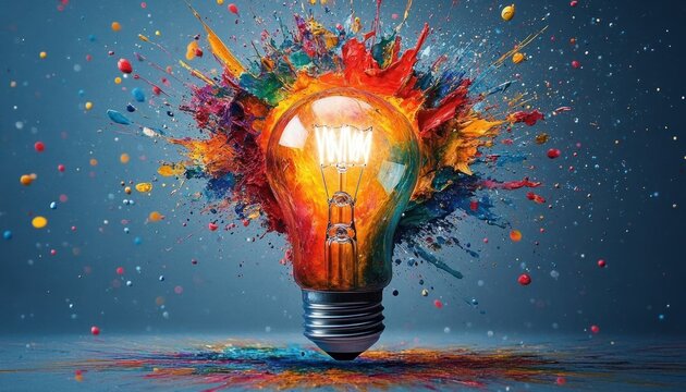 Glowing light bulb with visible filament bursting into multicolored paint splashes and flying droplets above a reflective surface, conveying vibrant creative inspiration