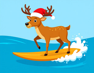 Christmas Reindeer Surfing the Ocean – Fun Holiday Cartoon Character