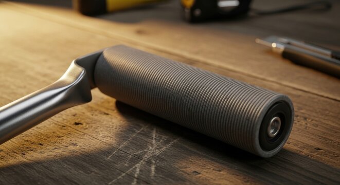 Black Foam Roller on Wooden Surface with Pen and Sunlight
