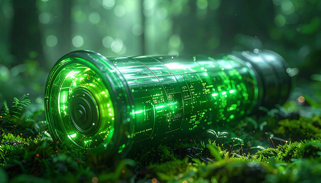 Sustainable Technology: A futuristic, glowing green energy cell rests in a vibrant forest, merging innovation with nature and representing a pivotal step toward ecological balance.