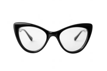 Stylish black cat-eye glasses placed on a clean white background. emphasizing their unique shape and design. ideal for fashion photography or eyewear marketing