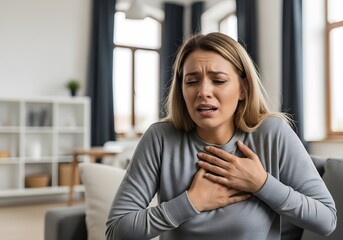 Obraz premium Young Woman Suffering from Severe Chest Pain and Breathing Difficulty at Home, Heart Attack Concept