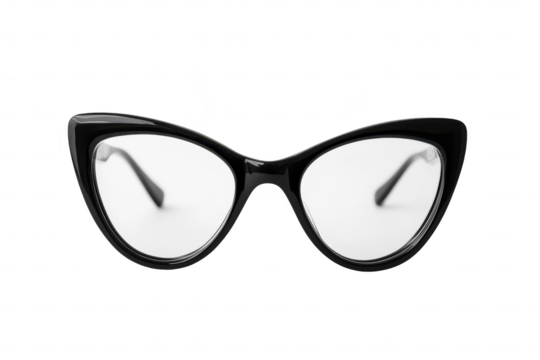 Stylish black cat-eye glasses placed on a clean white background. emphasizing their unique shape and design. ideal for fashion photography or eyewear marketing