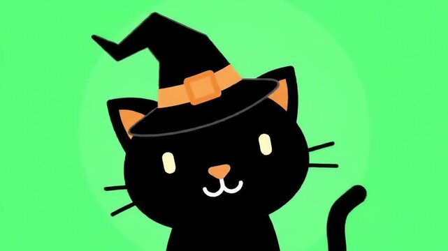 Cute Black Cat Wearing a Witch Hat on a Green Background for Halloween.