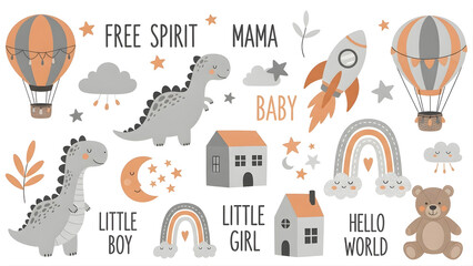 Cute Dinosaur and Rocket Illustration with Rainbow and Stars, 'Free Spirit Mama Baby' Themed