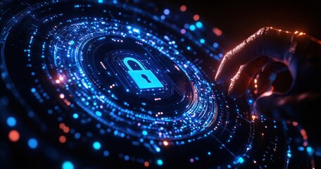 Fingertip reaching toward a glowing digital padlock at the center of a circular holographic data ring with blue and orange neon lights, tense protective cyber security mood