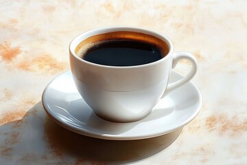 white ceramic cup and saucer with black coffee on a textured warm-toned table bathed in soft sunlight, evoking a calm cozy morning mood