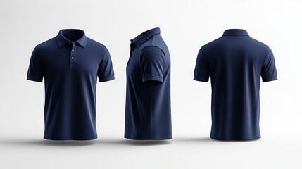 Three navy blue polo shirts shown front, side, and back on a clean white studio background, minimalist and professional product presentation