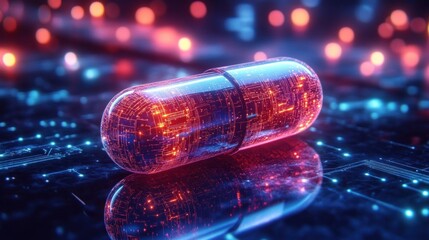 Glowing futuristic capsule pill revealing intricate glowing circuitry resting on a reflective circuit board with neon blue and orange lights, high-tech mood