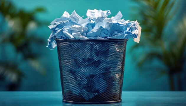 overfilled mesh wastebasket overflowing with crumpled blue paper on teal desk with blurred potted plants, conveying frustration and discarded ideas