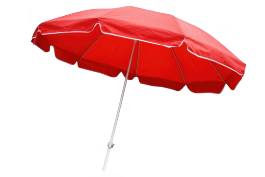 A red beach umbrella stands upright against a clear white background. symbolizing summer relaxation and outdoor enjoyment. perfect for vacation and leisure-themed projects
