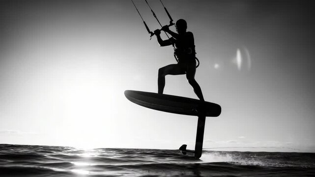 Dramatic black and white silhouette of a person on a hydrofoil board during sunset. Sequence of an extreme water sport athlete wing foiling for a freedom and adventure concept