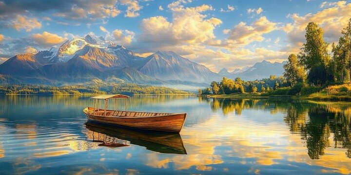 Lone wooden boat drifting on a calm reflective mountain lake at golden hour with snow-capped peaks, tree-lined shore, glowing clouds and a peaceful tranquil mood - Powered by Adobe
