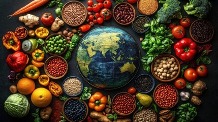 Colorful globe at center surrounded by assorted fresh vegetables, fruits, legumes, spices and herbs in bowls on dark background, vibrant abundant nourishing scene