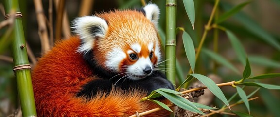 Adorable red panda cub nestled in bamboo, fluffy tail curled, play, carnivora