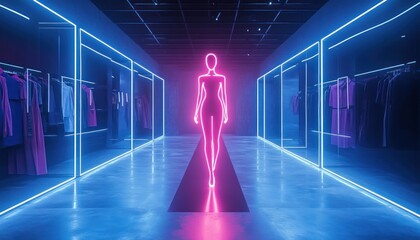 neon pink silhouette walking down a glossy runway between blue neon framed glass displays with clothing racks, futuristic glamorous and mysterious atmosphere