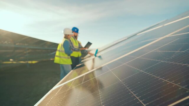 Workers install solar panels at a project site in bright sunlight to promote clean energy solutions