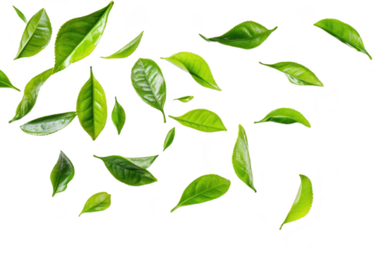 A collection of fresh green tea leaves gracefully falling against a clean white background. symbolizing natures beauty and purity. ideal for wellness and culinary themes