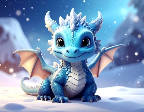 Adorable blue dragon sitting in snow with wintery, bokeh background and large, expressive eyes