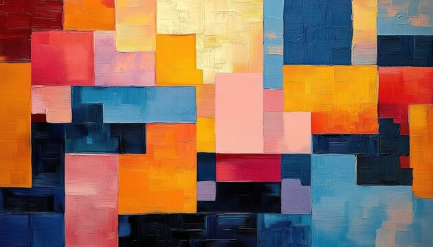 Vibrant abstract geometric painting of textured rectangular color blocks in warm oranges and yellows and cool blues and pinks, bold brushstrokes conveying an energetic mood