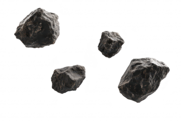 A collection of four dark. textured rocks floating in mid-air against a clean. white background. creating a striking visual for use in nature. geology. or abstract design themes
