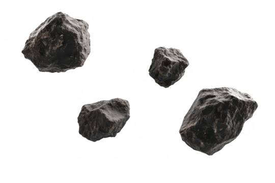 A collection of four dark. textured rocks floating in mid-air against a clean. white background. creating a striking visual for use in nature. geology. or abstract design themes