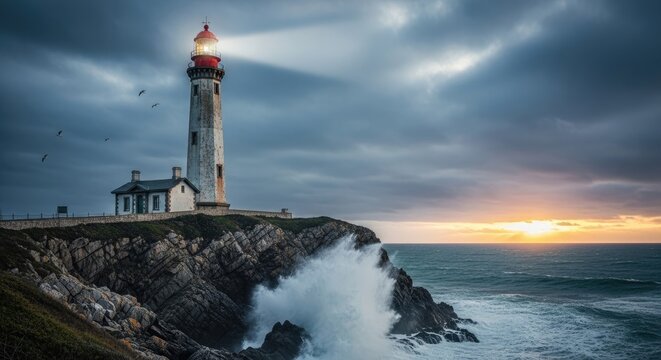 A lighthouse stands on a rocky cliff overlooking the ocean, with a dramatic sky and waves crashing against the rocks.