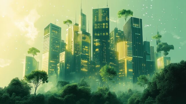 Futuristic skyline of illuminated skyscrapers rising from a misty green forest with rooftop trees and birds, serene hopeful urban nature harmony