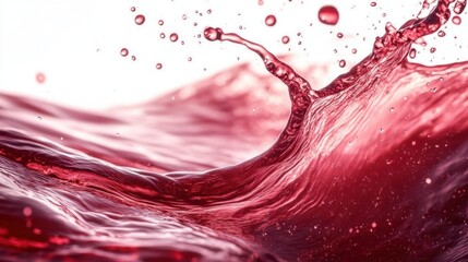 close-up of vibrant red liquid splash with airborne droplets and dynamic waves conveying energy and motion