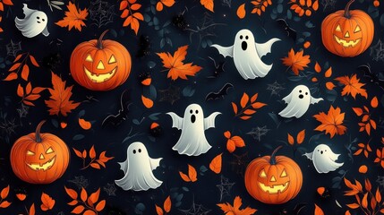 playful spooky halloween pattern with smiling jack-o-lanterns, floating white ghosts, bats, spider webs and orange autumn leaves on a dark night background
