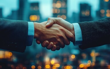 Close-up handshake between two suited professionals against a blurred city skyline at dusk conveying trust and partnership