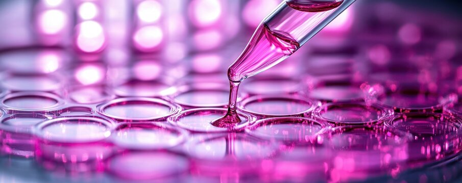 Close-up of pipette releasing magenta liquid into clear multiwell plate under vibrant purple lighting, conveying focused scientific precision and discovery