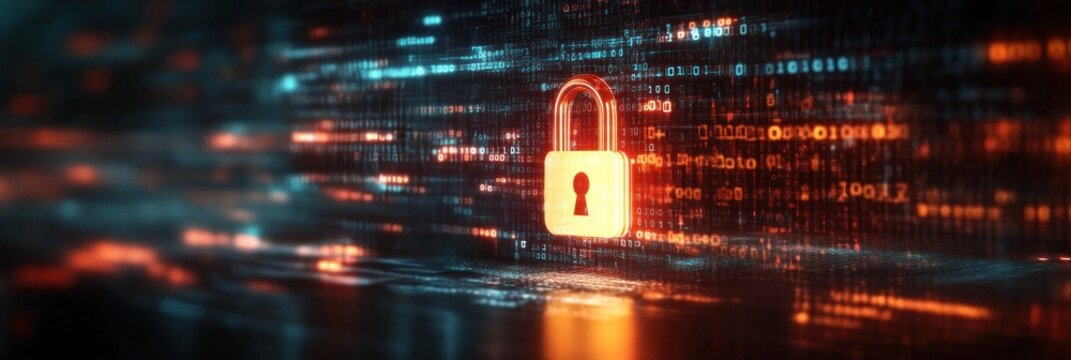 Glowing orange padlock icon floating above streaming binary code and blurred neon blue and orange lights, evoking digital protection and vigilant security
