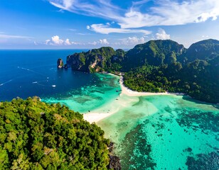 Aerial view of a tropical island paradise with turquoise waters and lush green vegetation under a blue sky