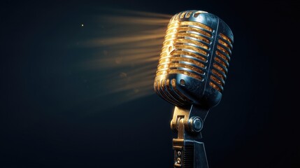 A golden vintage microphone for podcast branding and content marketing on a dark blue background