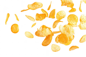 A dynamic shot of golden potato chips cascading through the air against a clean white background. perfect for snack advertisements. culinary blogs. or food-related content