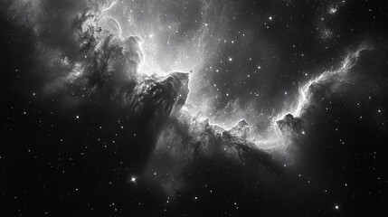 Monochrome cosmic nebula with glowing ridge, billowing dark gas clouds and scattered stars, evoking awe, mystery and vast silent grandeur
