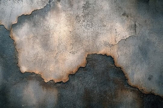 Mottled weathered plaster wall with peeling paint, rust stains and textured cracks evoking aged, gritty and melancholic decay - Powered by Adobe