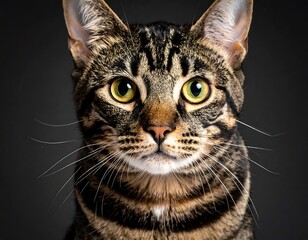 A tabby cat portrait with bright green eyes, facing forward with striped fur against a dark gray backdrop