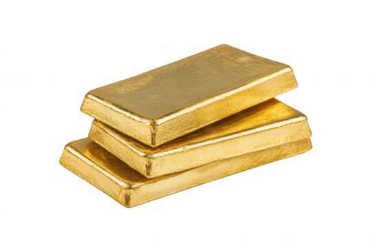 Three gleaming gold bars stacked neatly on a clean white surface. their shiny texture and reflecting light. ideal for financial or investment-related content