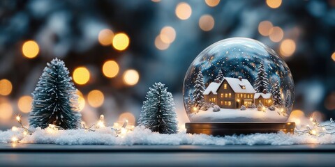 cozy illuminated snow globe with a snowy miniature house, lit pine trees, twinkling string lights and warm bokeh creating a peaceful festive winter mood