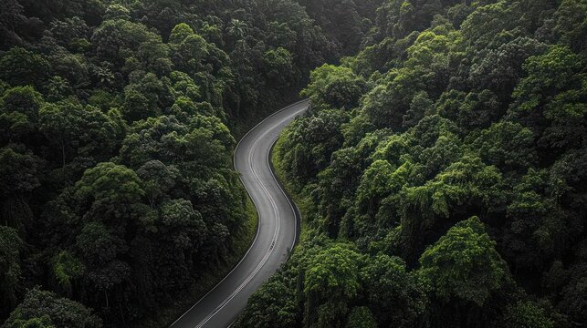 Aerial view of a winding two-lane road cutting through a dense green forest, evoking peaceful solitude and quiet mystery - Powered by Adobe