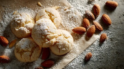 A close up of almond cookies dusted with powdered sugar on parchment paper with scattered almonds
